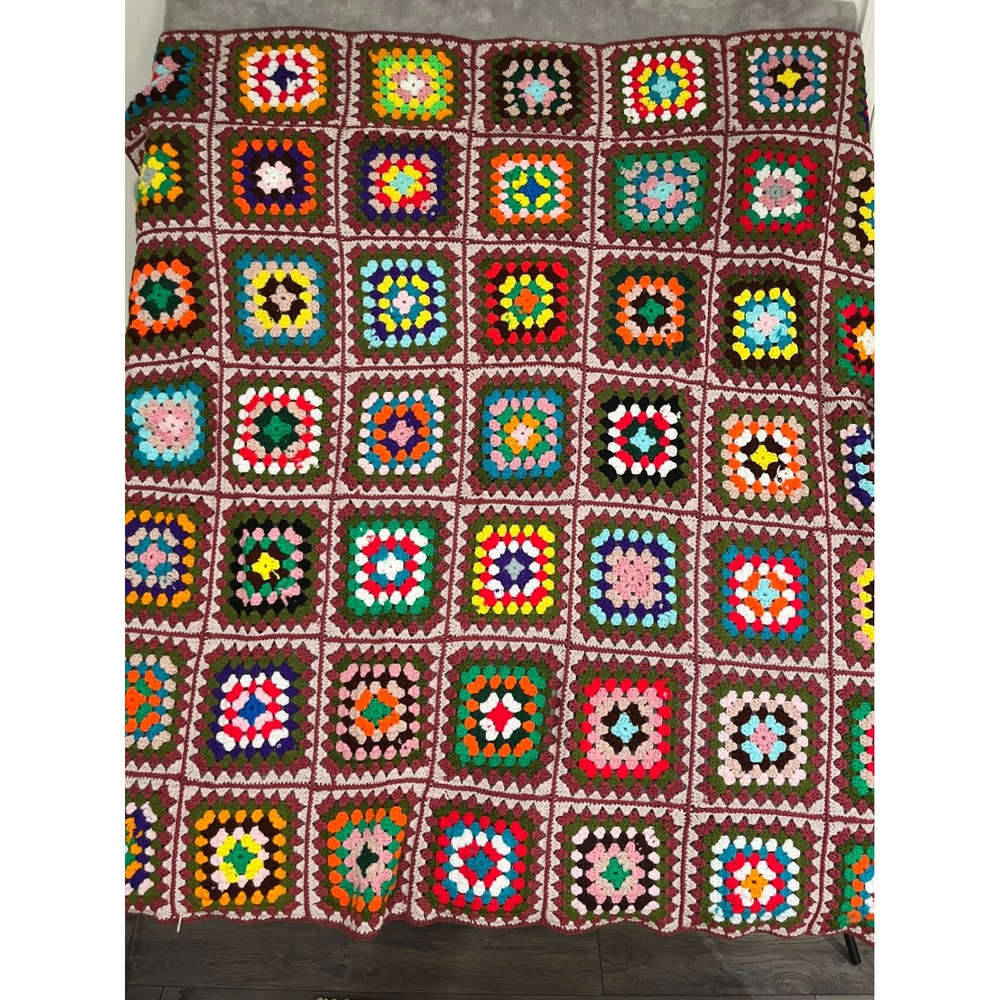 Vintage Handmade Granny Square Blanket Multi Color Crochet Boho Afgan Retro